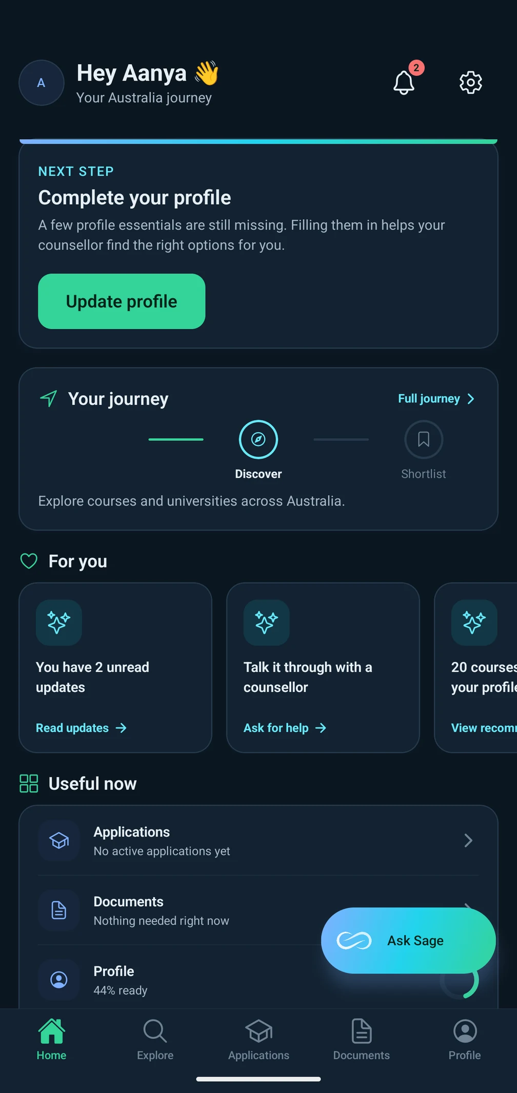 Sage AI for Students dashboard showing profile progress, recommendations and Australia journey.